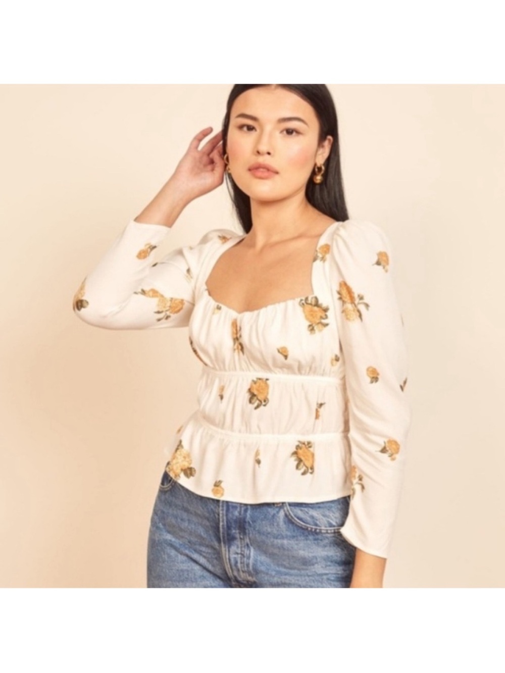 Reformation White Floral Peplum Long-Sleeve Top